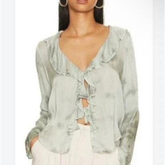 Free People Womens Sascha Ruffled Frill Long Sleeve Blouse Muted Green Medium - Picture 1 of 3